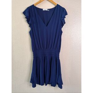 Ramy Brook Navy Flutter Sleeve Smocked Waist V Neck Dress Boho Cocktail Size L